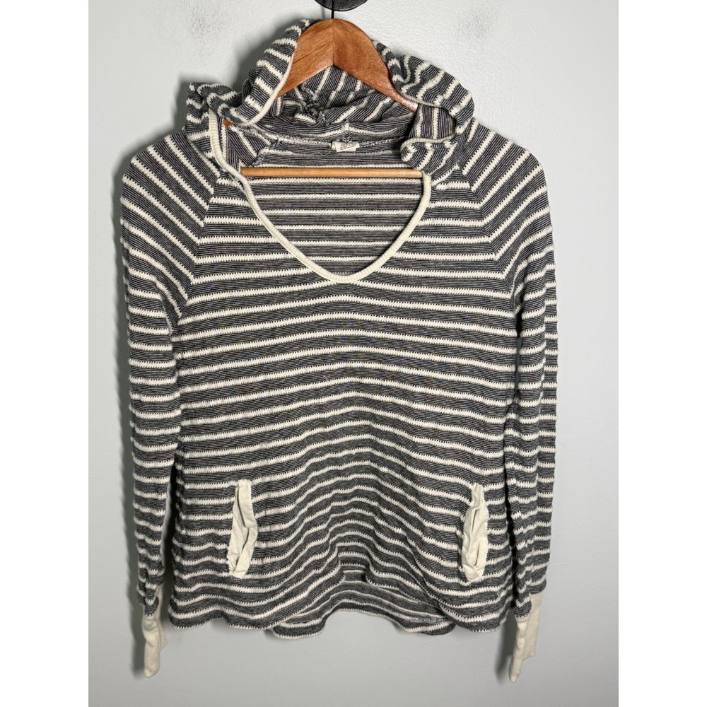 Roxy Womens Striped Knit Hoodie Grey Cream V-Neck Pullover Sweater Large